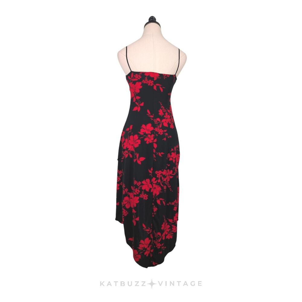 Vintage Midi Dress M Red Black 90S Y2K Babydoll Asymmetric Slip High Low Grunge - Picture 2 of 10